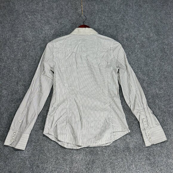 Club Monaco Top Womens Small Gray Cotton Stripe Long Sleeve Pearl Snap Up Pocket - Picture 8 of 9